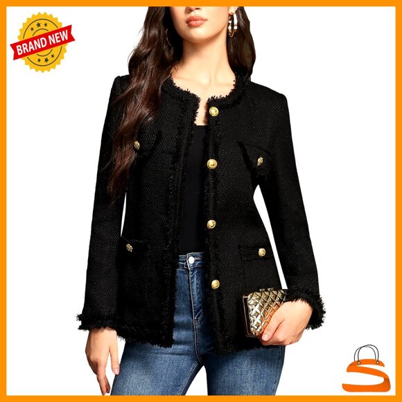 Jackets & Blazers - Tweed Blazer Jacket Elegant Collarless Long Sleeve Open Front Casual Chic